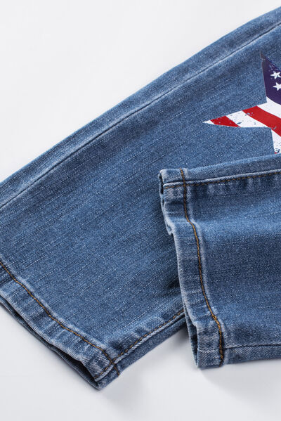 a pair of jeans with an american flag patch