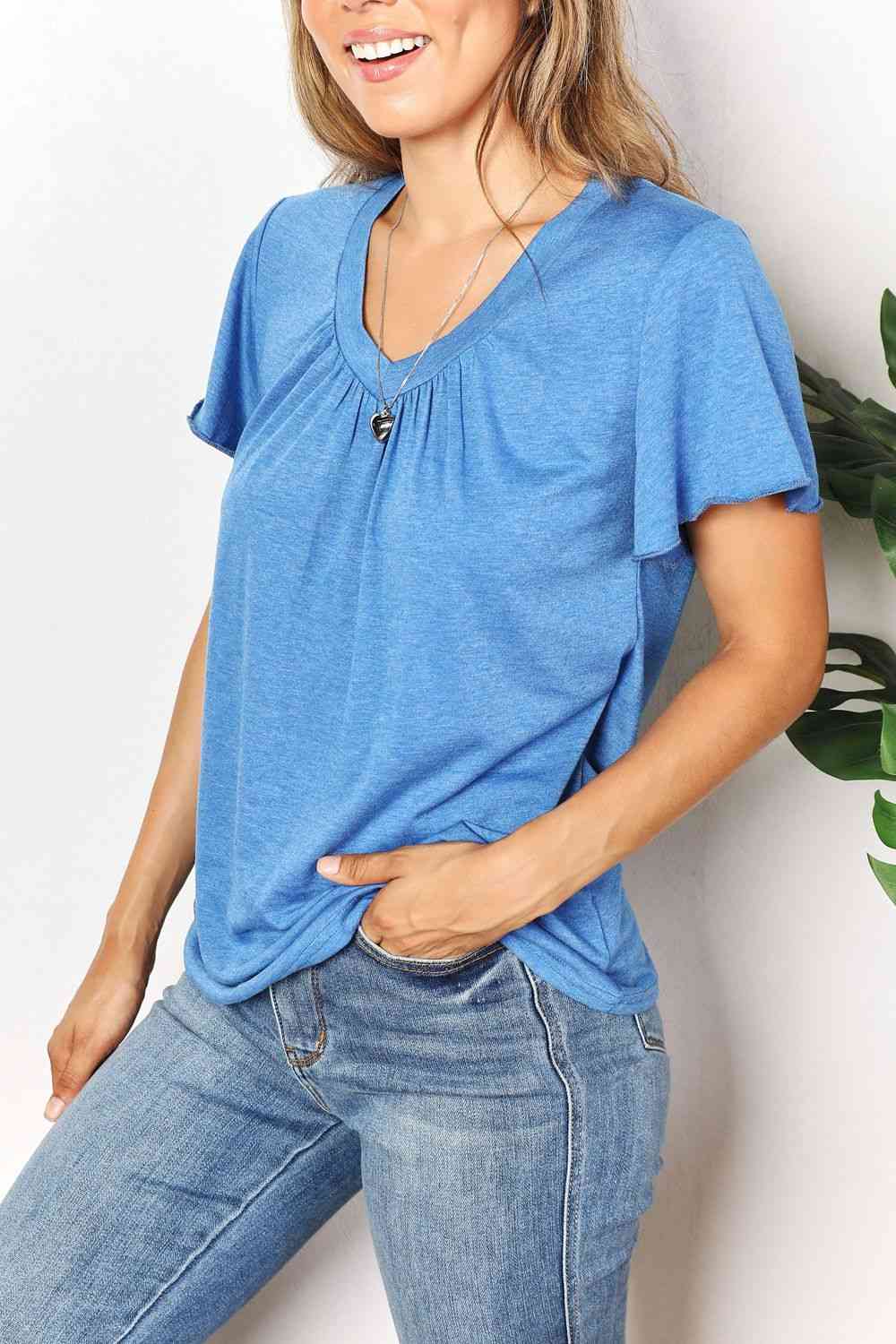 Double Take Ruched V-Neck Short Sleeve T-Shirt