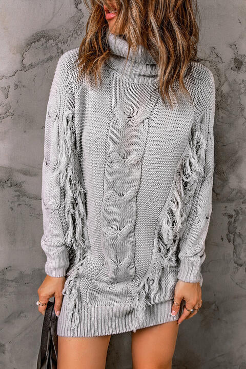 Turtleneck Fringe Detail Sweater Dress