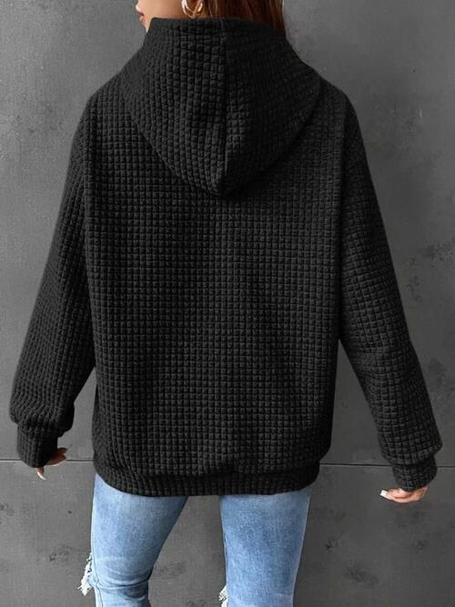 Full Size WHAT Graphic Waffle-Knit Long Sleeve Drawstring Hoodie