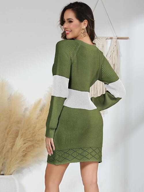 Contrast Openwork Long Sleeve Sweater Dress