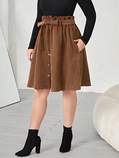 Plus Size Tied Decorative Button Paperbag Waist Skirt